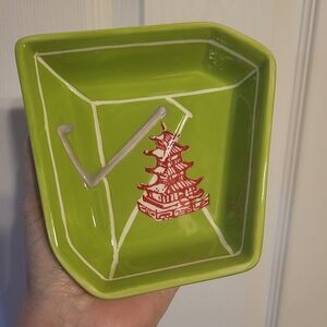 Clay Art Chinese Takeout Box Dish Red Pagoda Trinket Sauce Dish GUC